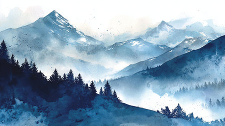 Watercolor winter mountain landscape. Watercolor painting on paper. Digital art painting.の写真素材