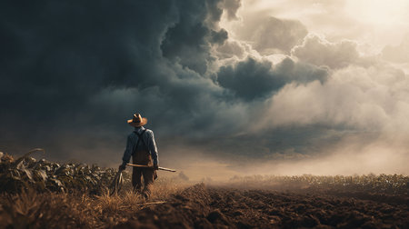 Farmer with a scythe in a corn field. Mixed mediaの写真素材