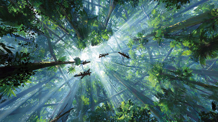 3D rendering of a rainforest with sunlight shining through the treesの写真素材