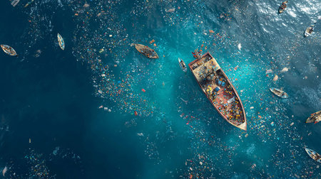 Aerial view of fishing boat in deep blue sea. 3d renderingの写真素材