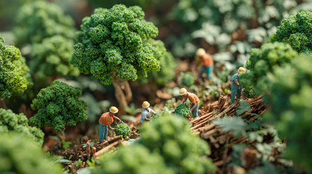 Miniature people : Farmers harvesting kale vegetable in the garden, healthy food conceptの写真素材
