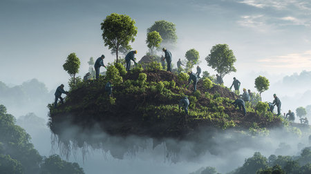 Group of people walking on the hill in the morning,3d renderの写真素材