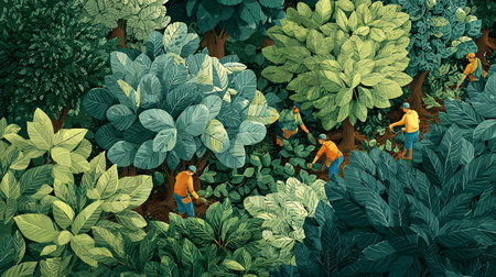 Digitally rendered illustration of gardeners working in the garden.の写真素材
