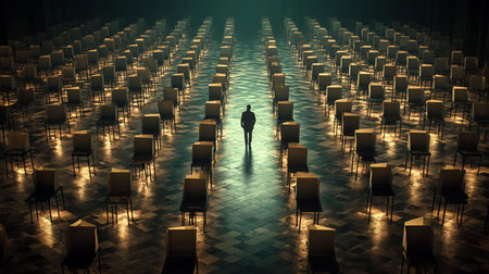 Conceptual image of a man standing in front of many empty chairsの写真素材