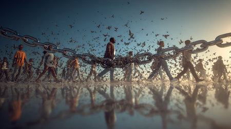 Conceptual image of a group of people standing on a chainの写真素材