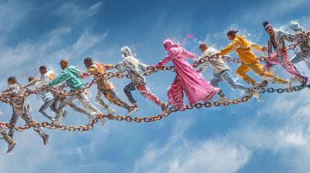 Group of children jumping on chain high in sky. Mixed media.の写真素材