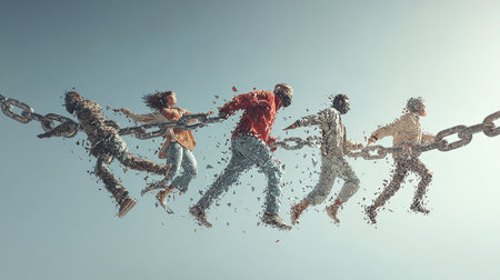 Conceptual image of a group of people running on chain. Mixed mediaの写真素材