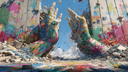 Paint splashes on the wall of an abandoned building as a backgroundの写真素材
