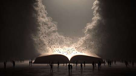 Open book with many flying bats and smoke on it. Halloween conceptの写真素材