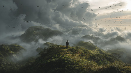Man standing on top of the mountain and looking at the sea.の写真素材