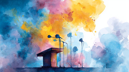 Watercolor illustration of a street lamp on a background of blue watercolor.の写真素材