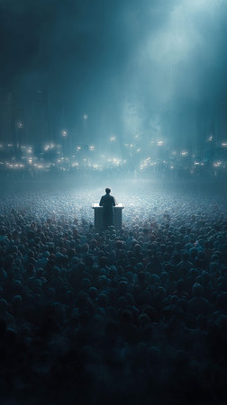 Silhouette of a man in front of a crowd at a concertの写真素材