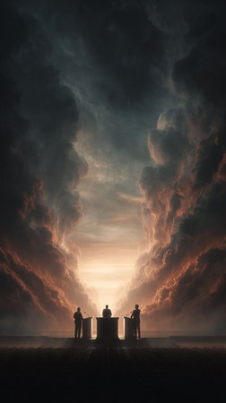 Silhouette of three people standing behind podiums in the middle of a dramatic skyの写真素材