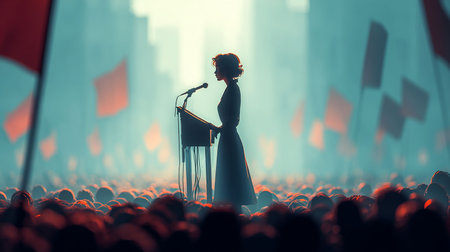 Female speaker on stage in front of a crowd. 3D renderingの写真素材
