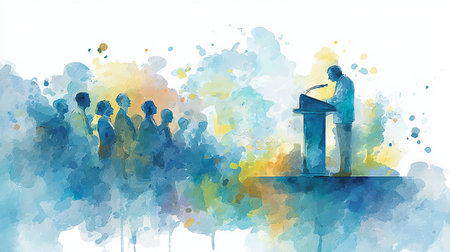 Vector watercolor illustration of a man giving a speech at a podium.の写真素材
