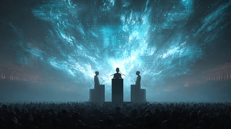 Conceptual image with silhouettes of people standing on podiumの写真素材