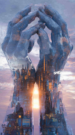 Double exposure of human hands and modern cityscape at sunset.の写真素材