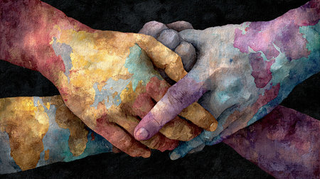 Handshake of multiracial people on a black background with watercolor spotsの写真素材