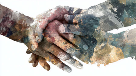 Hands of a young man and a woman in love. Multicolored watercolor paintingの写真素材