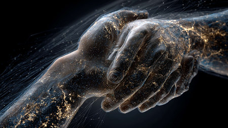 3D rendering of a human handshake made of golden particles on a dark backgroundの写真素材