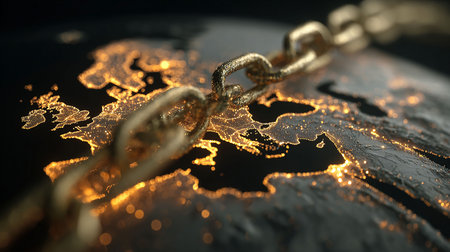 Golden chain on world map. Global business concept. 3D renderingの写真素材
