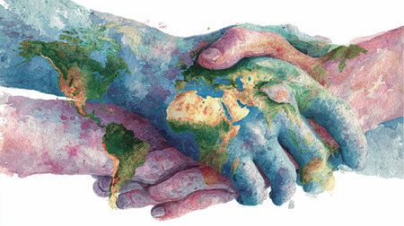 Two hands holding a world map on a white background. Watercolor paintingの写真素材