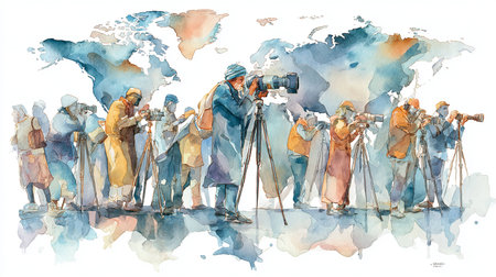 Watercolor illustration of a group of photographers taking photos on the world mapの写真素材