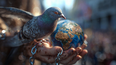 Pigeon on the hands of a person with a world globeの写真素材