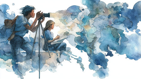 Watercolor illustration of a photographer taking pictures of a couple on a tripodの写真素材
