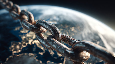 Earth and chain. 3D rendering. Elements of this image furnished by NASAの写真素材