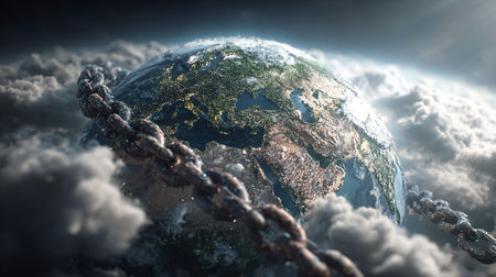 Earth planet with chain and clouds.の写真素材