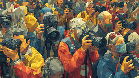 Illustration of a photographer with many cameras on the background of the crowdの写真素材