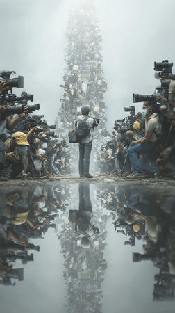 Conceptual photo of a photographer taking pictures of a crowd of peopleの写真素材