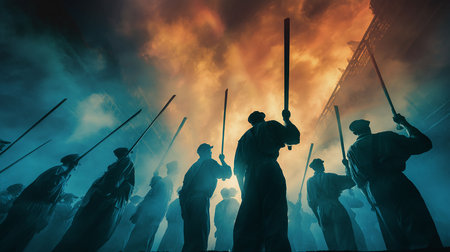 Silhouettes of soldiers fighting with swords and smoke in the skyの写真素材