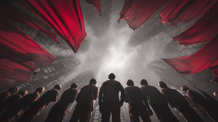 Rear view of a group of people standing in front of a large red curtain.の写真素材
