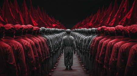 Conceptual image of a group of people with flags in a rowの写真素材