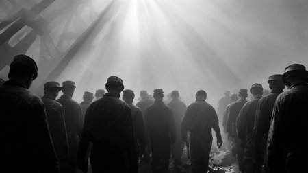 Silhouette of a group of people standing in a bright area.の写真素材