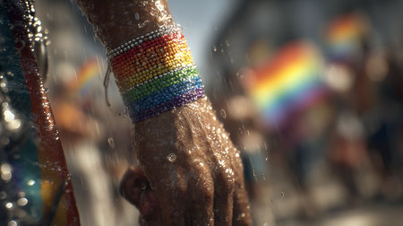 Hands of a young man covered with a rainbow cloth bathed in waterの写真素材
