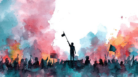 Silhouette of a man with a flag in his hand on a background of watercolor splashesの写真素材