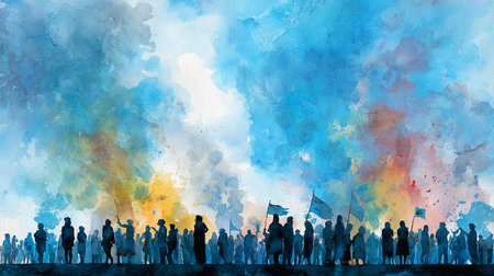 Silhouettes of people with flags in front of watercolor backgroundの写真素材