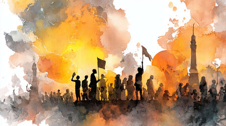 Silhouettes of people with flags and mosque in the background.の写真素材