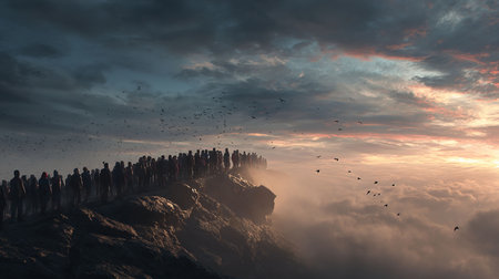 A flock of birds on the top of a mountain at sunset.の写真素材