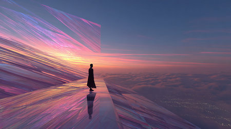 Silhouette of a woman walking on the top of a mountainの写真素材