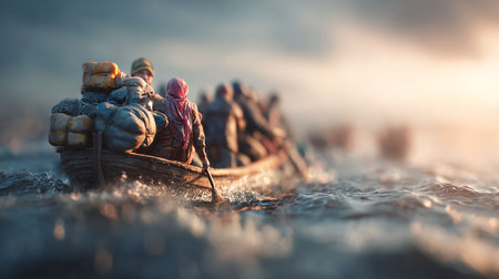 Miniature people : Tourist boat in the sea at sunset timeの写真素材