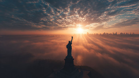 Statue of Liberty in the fog, New York City, USAの写真素材