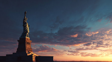 Statue of liberty at sunset in New York City, USA.の写真素材