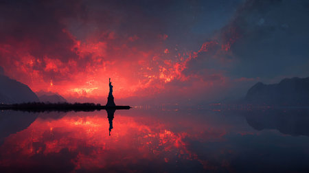 Statue of Liberty in the fog at sunset. 3d renderingの写真素材