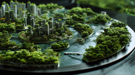 Miniature city with green plants. Miniature city concept. 3D Renderingの写真素材