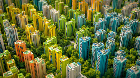 Aerial view of a cityscape with skyscrapers and treesの写真素材