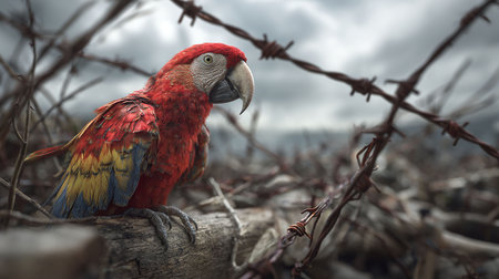 Red macaw sitting on a branch with barbed wire in the backgroundの写真素材
